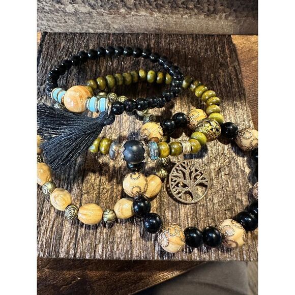Boho Hippie Bracelet, Tassel Tree Of Life Pendant Stacked Wooden Bead Stretch B - Picture 5 of 8